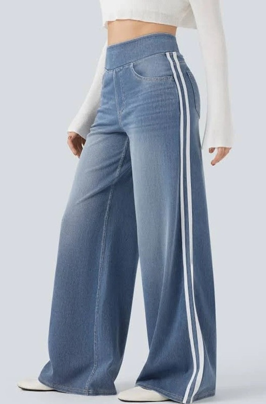 Halara Flex High Waisted Stripe Wide Leg Jeans Light Blue Wash XS Regular